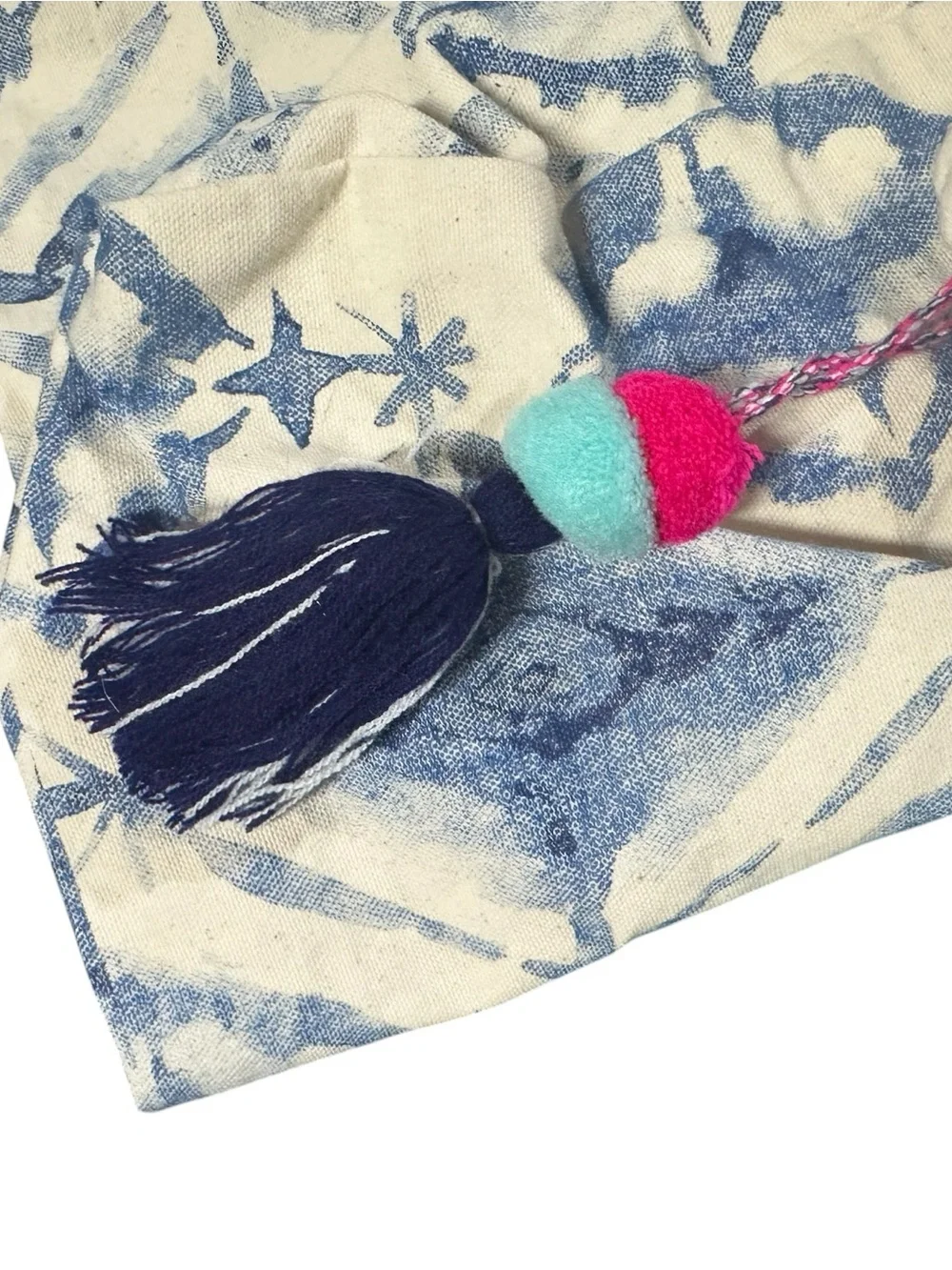Canvas Tote Bag with Blue Ikat Print and Tassel